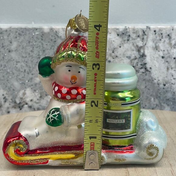 Christmas Blown Glass Style Ornament Snowman on Sled w/ Yankee Candle 2004 - Picture 8 of 8
